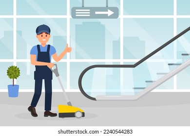 Man professional cleaner in uniform vacuuming floor in office. Cleaning service company staff flat vector