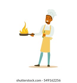 Man Professional Cooking Chef Working In Restaurant Wearing Classic Traditional Uniform With Burning Frying Pan Cartoon Character