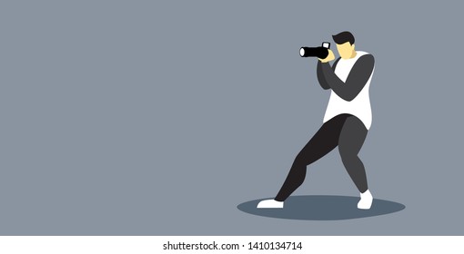 man professional photographer taking photo with camera guy standing and shooting male cartoon character full length sketch gray background horizontal vector illustration