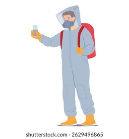 Homem cientista profissional personagem de desenho animado vestindo terno de proteção e máscara de capacete segurando amostras radioativas perigosas de água poluída na ilustração de vetor de frasco químico isolado no branco