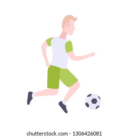 man professional soccer player kicks ball football concept guy running pose male cartoon character full length flat isolated