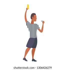man professional soccer referee showing yellow card to player football match african american arbitrator male cartoon character full length flat isolated