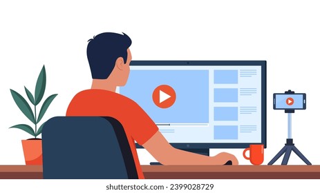 Man professional video maker sitting at desk and editing video with video editing software. Making visual content for social media. Multimedia and film production concept. Vector illustration