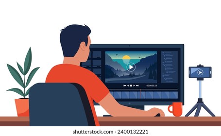 Man professional video maker sitting at desk and editing video with video editing software. Making visual content for social media. Multimedia and film production concept. Vector illustration