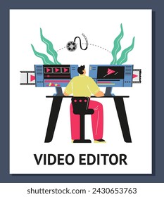 Man professional video maker sitting at desk and editing video with editing software. Cartoon vector poster. Making visual content for social media. Multimedia and film production, motion designer