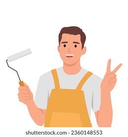 Man professional wall painter, he is dressed in working clothes and giving peace sign. Flat vector illustration isolated on white background