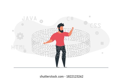 The man professionally programs in virtual reality. Programmer software developer concept vector illustration