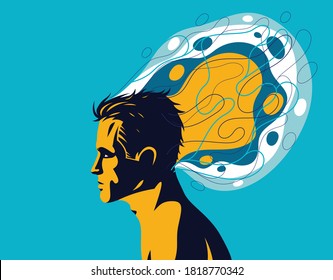 Man profile with abstract fluid shapes in motion from his head vector illustration, mindfulness philosophical and psychological theme, meditation and awareness.