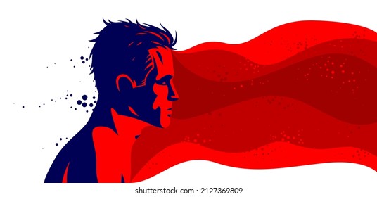 Man profile with abstract fluid shapes in motion from his head vector illustration, mindfulness philosophical and psychological theme, meditation and awareness.