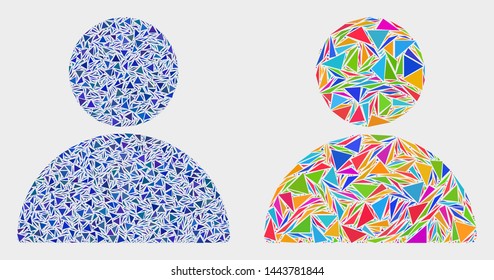 Man profile collage icon of triangle elements which have variable sizes and shapes and colors. Geometric abstract vector illustration of man profile.