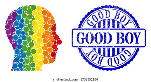 Man profile composition icon of filled circles in variable sizes and rainbow colorful color tinges. Blue round distress stamp with Good Boy message. A dotted LGBT- colored man profile for lesbians,