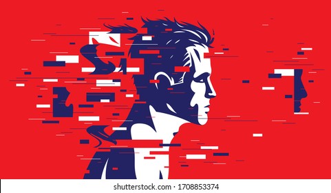 Man profile with glitch dynamic particles in motion vector illustration, mindfulness philosophical and psychological theme, neural network, technology or psychology concept.