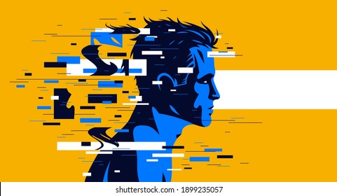 Man profile with glitch dynamic particles in motion vector illustration, mindfulness philosophical and psychological theme, neural network, technology or psychology concept.