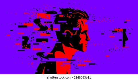 Man profile with glitch dynamic particles in motion vector illustration, mindfulness philosophical and psychological theme, neural network, technology or psychology concept.