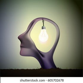 man profile head with bulb inside, inspiration dream, think different,surrealistic dream, vector