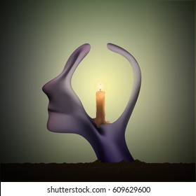 man profile head with candle inside, emotions that melt the head, philosophy of the mind, surrealistic dream, one bright idea in the darkness, vector