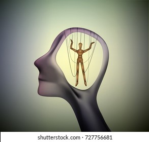 Man Profile Head With Marionette Inside, Manipulate The People Concept, Vector