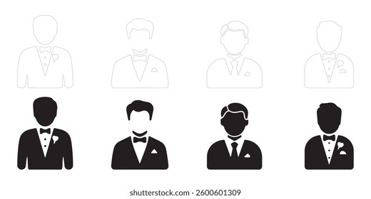 man profile icons set. Editable minimalist vector icons. Flat and Outline. Perfect for web and app interfaces, presentations, info graphics, etc. In black color on a white background
