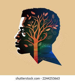 Man in profile looking into distance, inside head tree of life, Black history month, flat vector poster concept