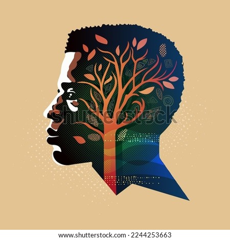 Man in profile looking into distance, inside head tree of life, Black history month, flat vector poster concept