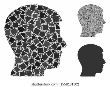 Man profile mosaic of uneven pieces in different sizes and color tones, based on man profile icon. Vector uneven pieces are combined into mosaic. Man profile icons collage with dotted pattern.