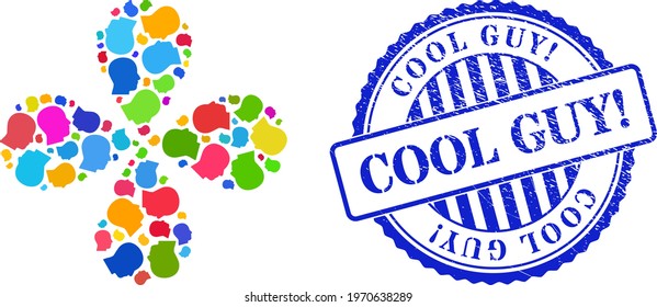 Man profile multi colored swirl flower shape, and blue round COOL GUY exclamation. scratched stamp seal. Element flower created from random man profile items. Vector flower collage in flat style.