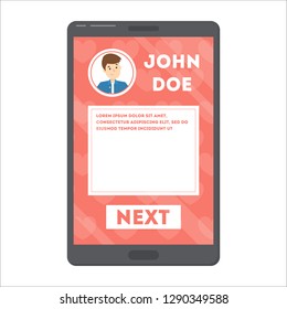 Man profile on social network with avatar and name. Idea of online connection and communication. User in dating app. Isolated flat vector illustration