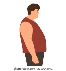 Man in profile with   overweight. Problems with excess weight. The concept of bad eating habits, gluttony, obesity and unhealthy eating. Vector illustration