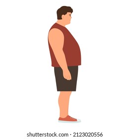 Man in profile with   overweight. Problems with excess weight. The concept of bad eating habits, gluttony, obesity and unhealthy eating. Vector illustration