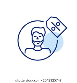 Man profile picture with discount price tag. Special deals available to registered or loyal users. Account savings. Pixel perfect, editable stroke icon