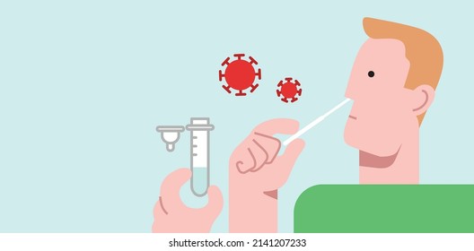 Man profile portrait taking a sample with cotton nasal swab. Antigen self-test at home demonstration. Covid-19 or coronavirus positivity detection test. Stylized flat vector character illustration.