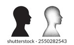 Man profile silhouette. Male head gradient grain noise illustration. Portrait, silhouette, avatar or profile. Black noise dots pattern. Grunge texture person. Vector