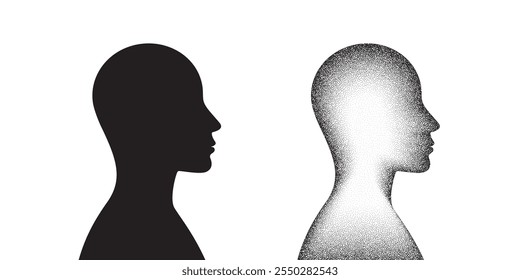 Man profile silhouette. Male head gradient grain noise illustration. Portrait, silhouette, avatar or profile. Black noise dots pattern. Grunge texture person. Vector