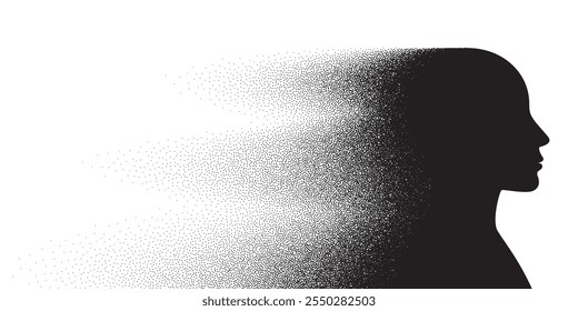 Man profile silhouette with motion speed effect. Male head gradient grain noise illustration. Portrait, silhouette, avatar or profile. Black noise dots pattern. Grunge texture person. Vector