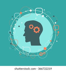 Man profile silhouette portrait with cogwheels. Brain activity, psychology, learning, progress, communication concept. Vector illustration.