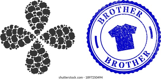 Man profile swirl abstract flower, and blue round BROTHER rubber badge with icon inside. Object flower with 4 petals composed from oriented man profile symbols. Vector flower collage in flat style.