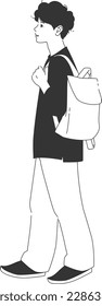 Man in profile walking upward with backpack on his back｜Full body｜monotone