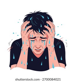 Um homem em profunda angústia emocional segura sua cabeça, chorando e suando profusamente, simbolizando estresse esmagador ou um colapso mental.