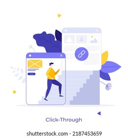 Man in program window ascending stairs and link symbol. Concept of clickthrough rate, click-through percentage or CTR, Internet marketing metrics. Modern flat vector illustration for poster, banner.