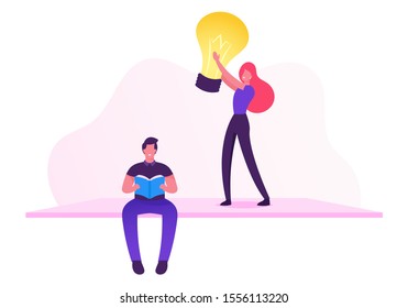 Man Programmer or Coder Reading Book about Computers, Girl Holding Light Bulb. Office Worker or Employee Work on Software Development and Testing or Program Coding. Cartoon Flat Vector Illustration