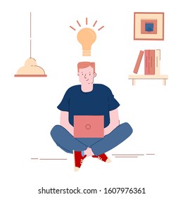 Man Programmer, Designer or Coder Working on Computer with Glowing Light Bulb above Head. Office Worker or Freelancer Having Creative Idea, Testing or Coding Program. Cartoon Flat Vector Illustration