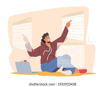 Man Programmer Or Gui Designer Character Working On Computer With Interactive Interface Screens Develop Web Site Page, Coding. Ui Ux Tech Application Software Development. Cartoon Vector Illustration