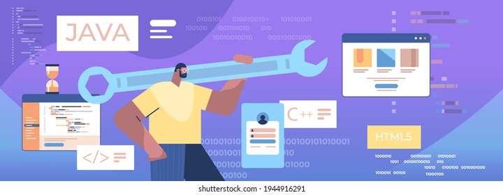 Man Programmer Holding Wrench Developer Optimizes Software Engineering Coding Programming Testing Code