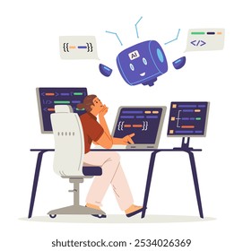 Man programmer interacting with artificial intelligence for code generation and editing flat vector concept illustration isolated on white.