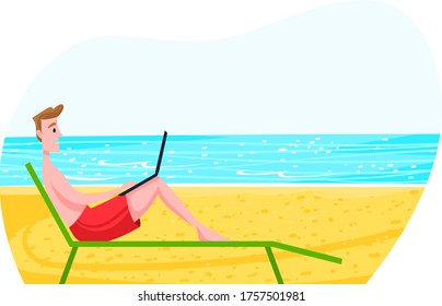 Man programmer lay tropical beach, male freelancer character relax and remote workplace isolated on white, cartoon vector illustration. Modern employee completes order, ocean sand coast hot country.