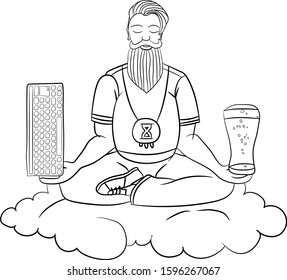 Man programmer meditating with a glass of beer and a keyboard