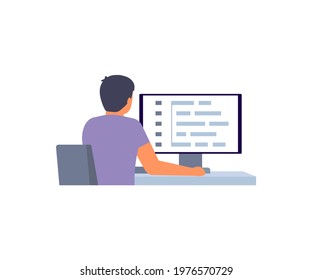 Man programmer, software developer working on web development on computer, back view. Man work script coding and programming languages on computer screen. Vector