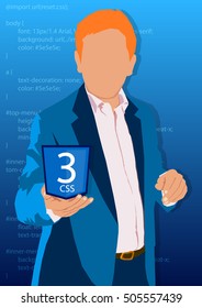 The man, a programmer who recommends CSS for Web design. Vector Software. Vector code. Internet products.
