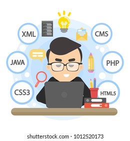 Man programmer working with code on computer.