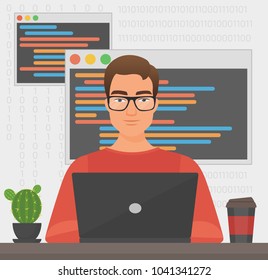 Man programmer is working with laptop code. Programmer coding.